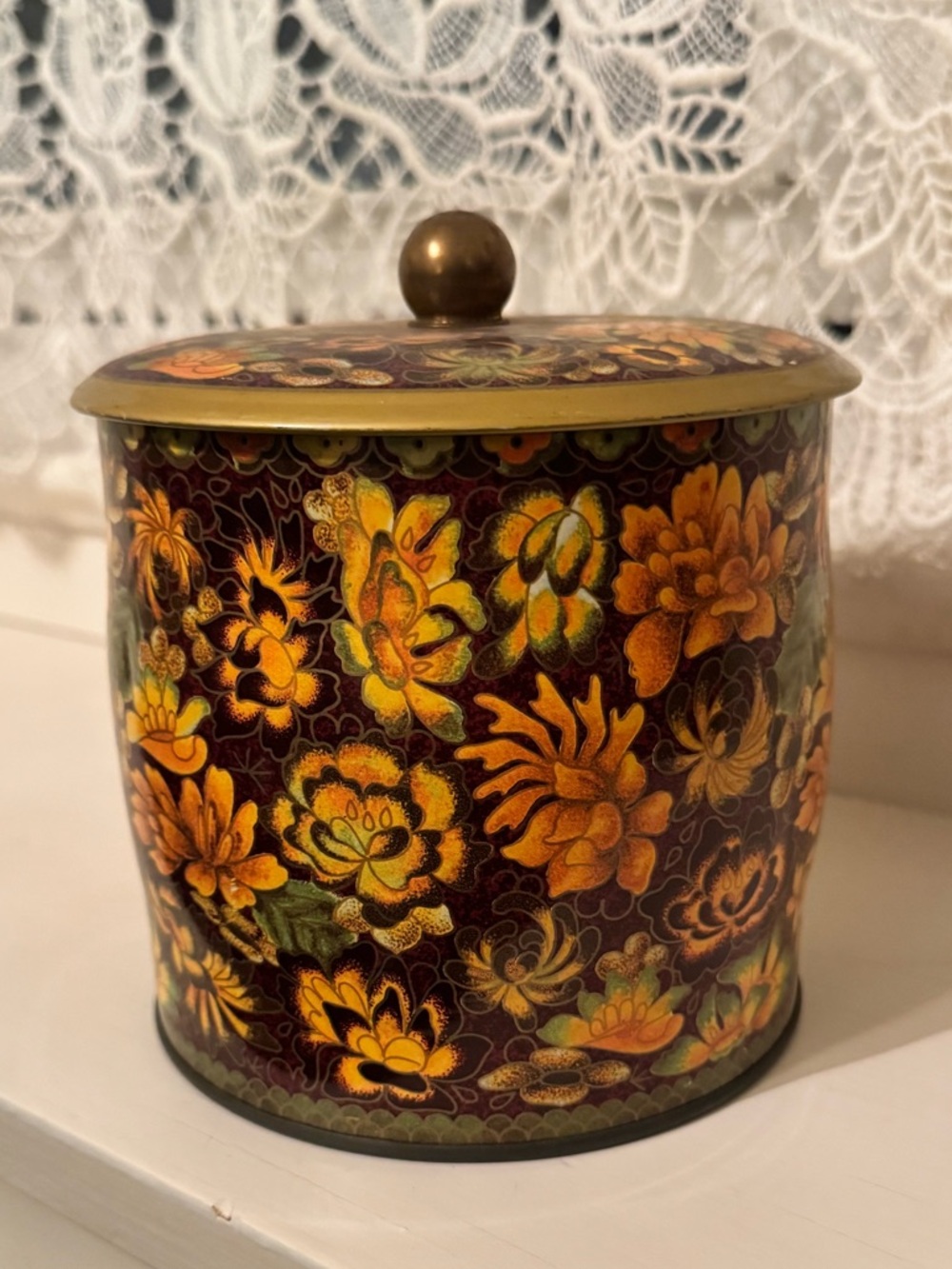 DAHER Floral Tin Tea Canister in Yellow and Brown